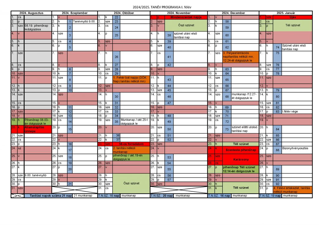 A 2024-2025 tanév rendje, I. félév JPG formátumban.