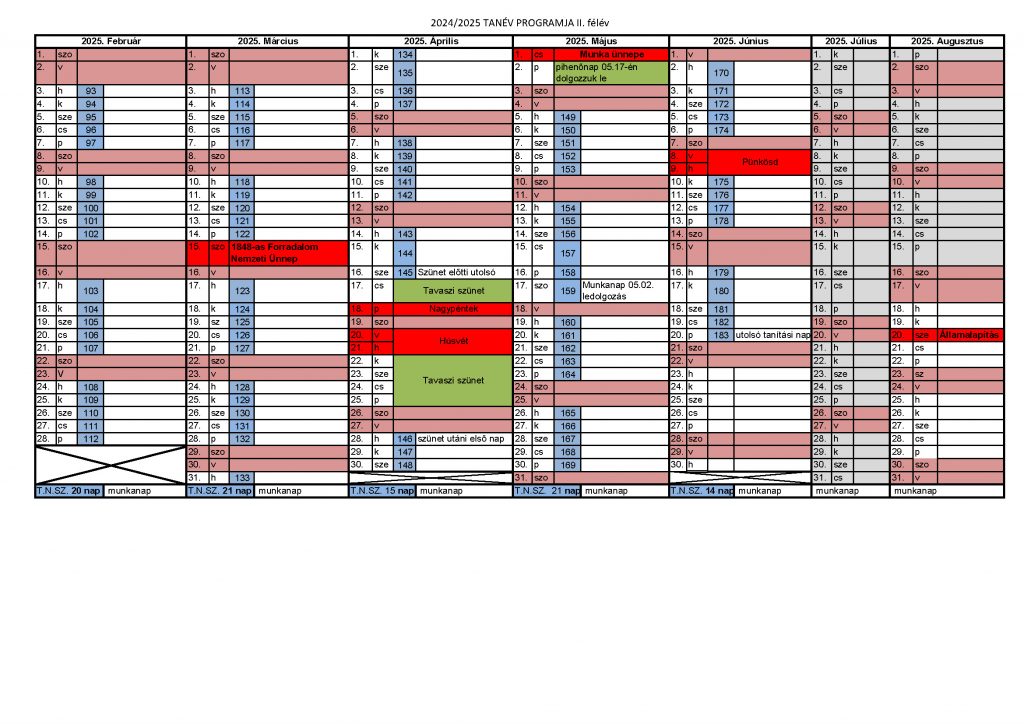 A 2024-2025 tanév rendje, I. félév JPG formátumban.