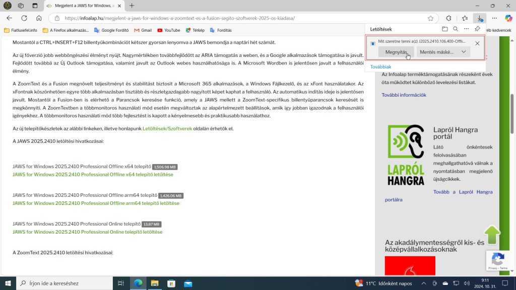 7. ábra: Töltsük le például a Jaws for Windows offline 64 bites telepítőfájlt az Alapítvány oldaláról! A böngésző felkínálja a letöltött fájl indítását vagy a mappájának a megnyitását. A Chrome esetében tehát válasszuk ki a Megnyitás gombot!